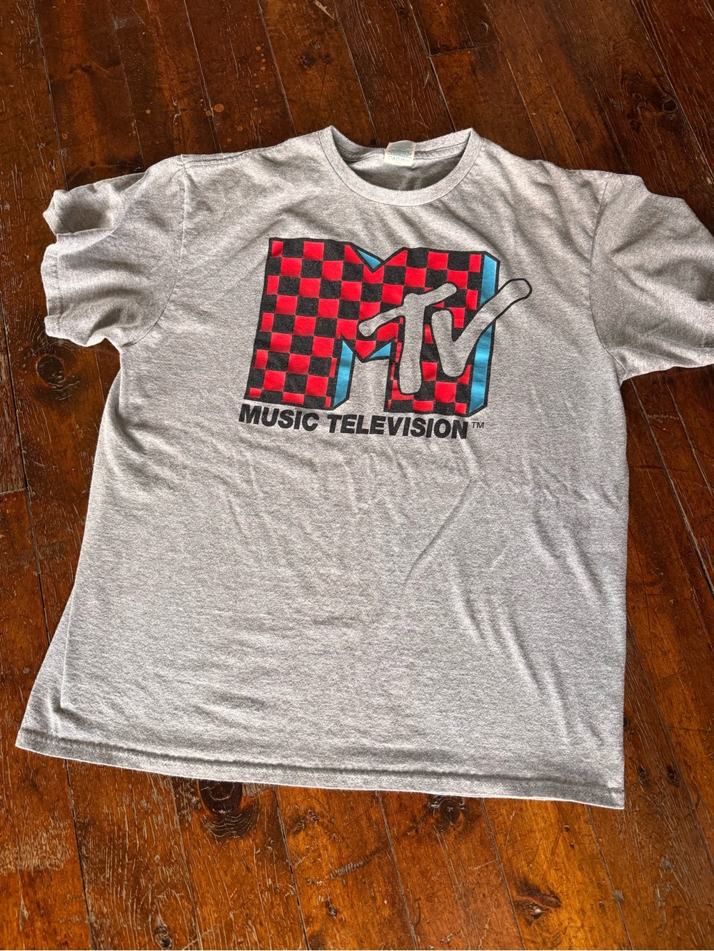 MTV Checkerboard Logo Tee in Gray, Red & Blue punk skater 90s grunge